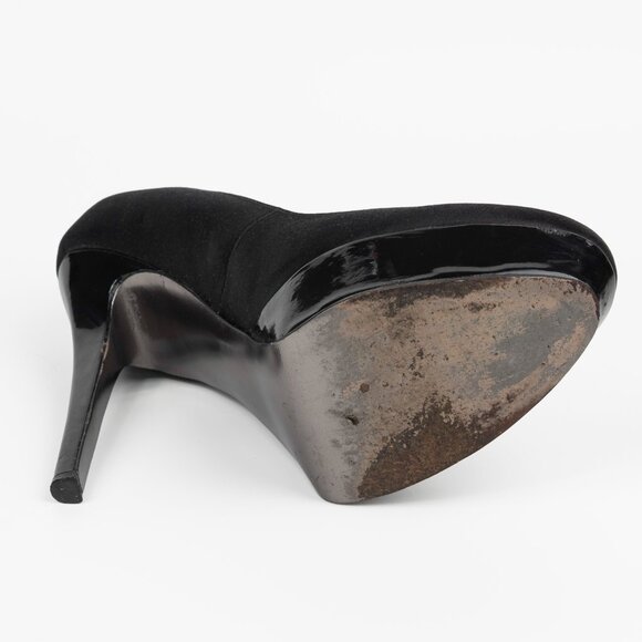 Bebe Black Satin & Patent faux Leather Stiletto Heel Pumps sz 7.5 M - Picture 6 of 13